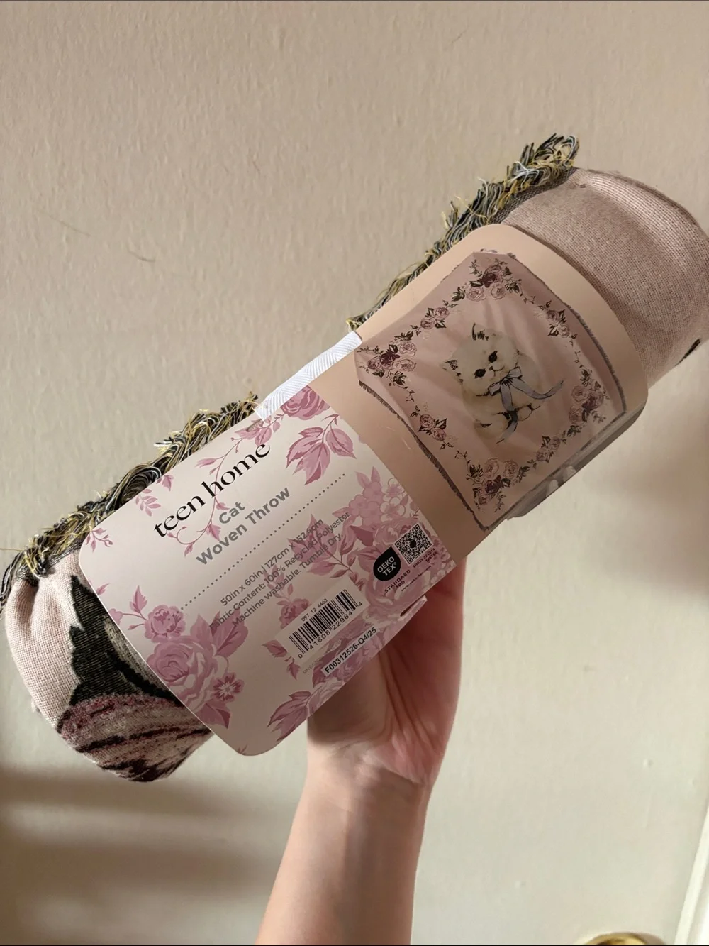NWT Target Teen Home Cat and Floral Print Pink Woven Throw Blank